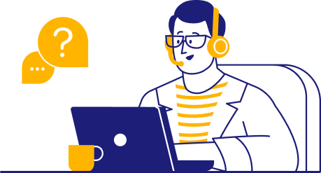 Customer support staff with headset on computer