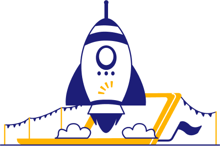 Blue rocket launching from yellow laptop to depict writing a successful product manager job ad