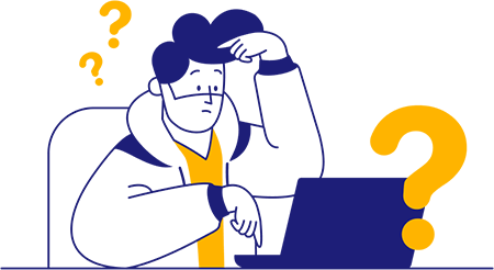 Recruiter with yellow question marks above head tries to write a project manager job description on blue laptop