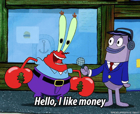 Mr. Krabs speaks into a microphone and says to reporter, "Hello, I like money."