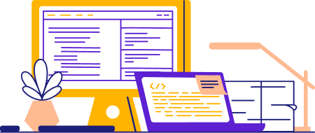 A yellow desktop computer and purple laptop with a financial analyst job description outline