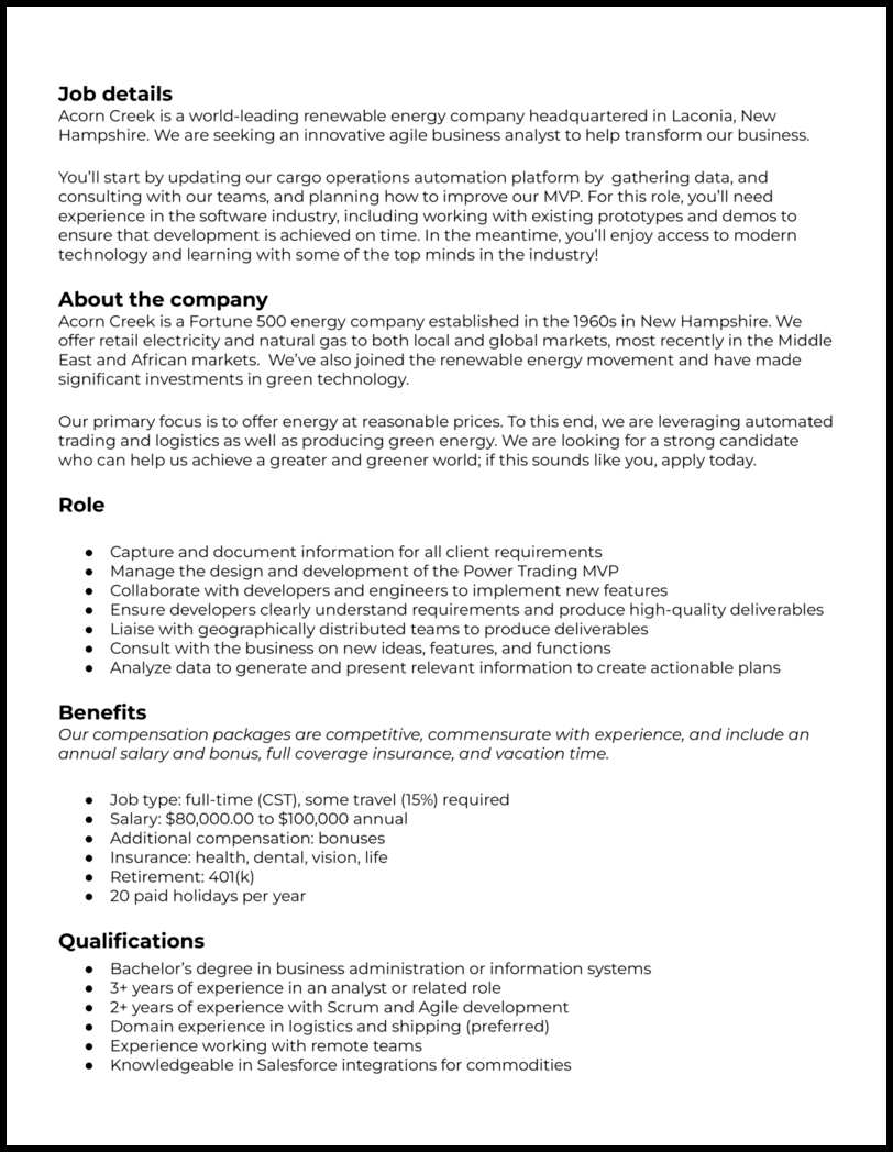 Agile business analyst job description template