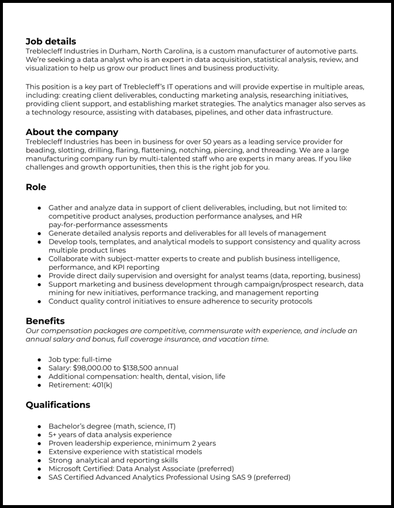 Analytics manager job description template