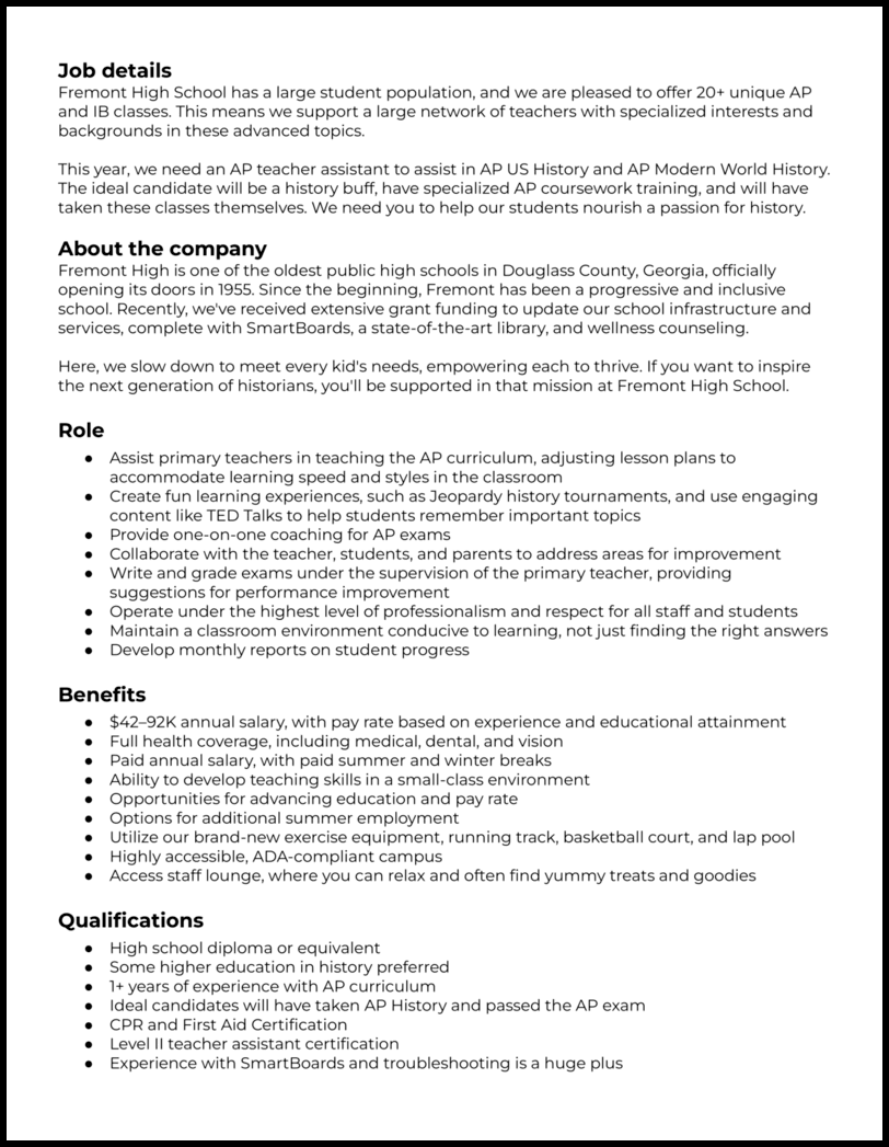 AP teacher assistant job description example