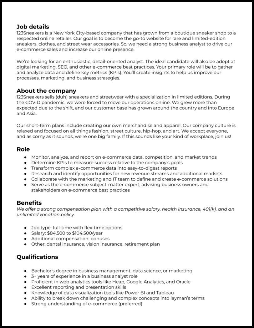 Business analyst job description template