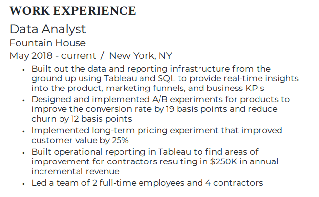 A work experience example from a data analyst resume