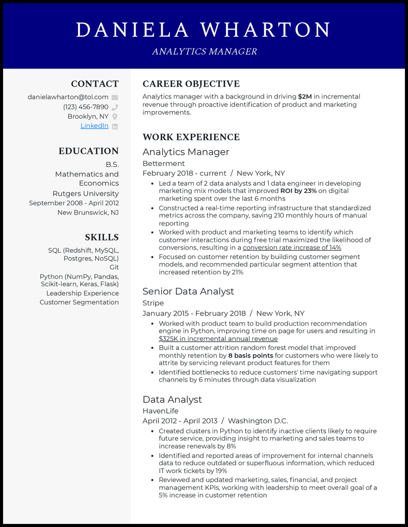 3 Data Analytics Manager Resume Examples For 2023