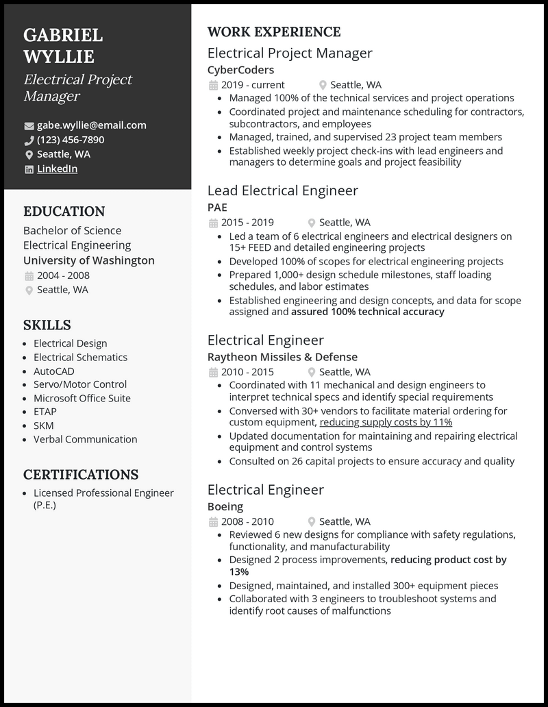3 Electrical Project Manager Resume Examples for 2023