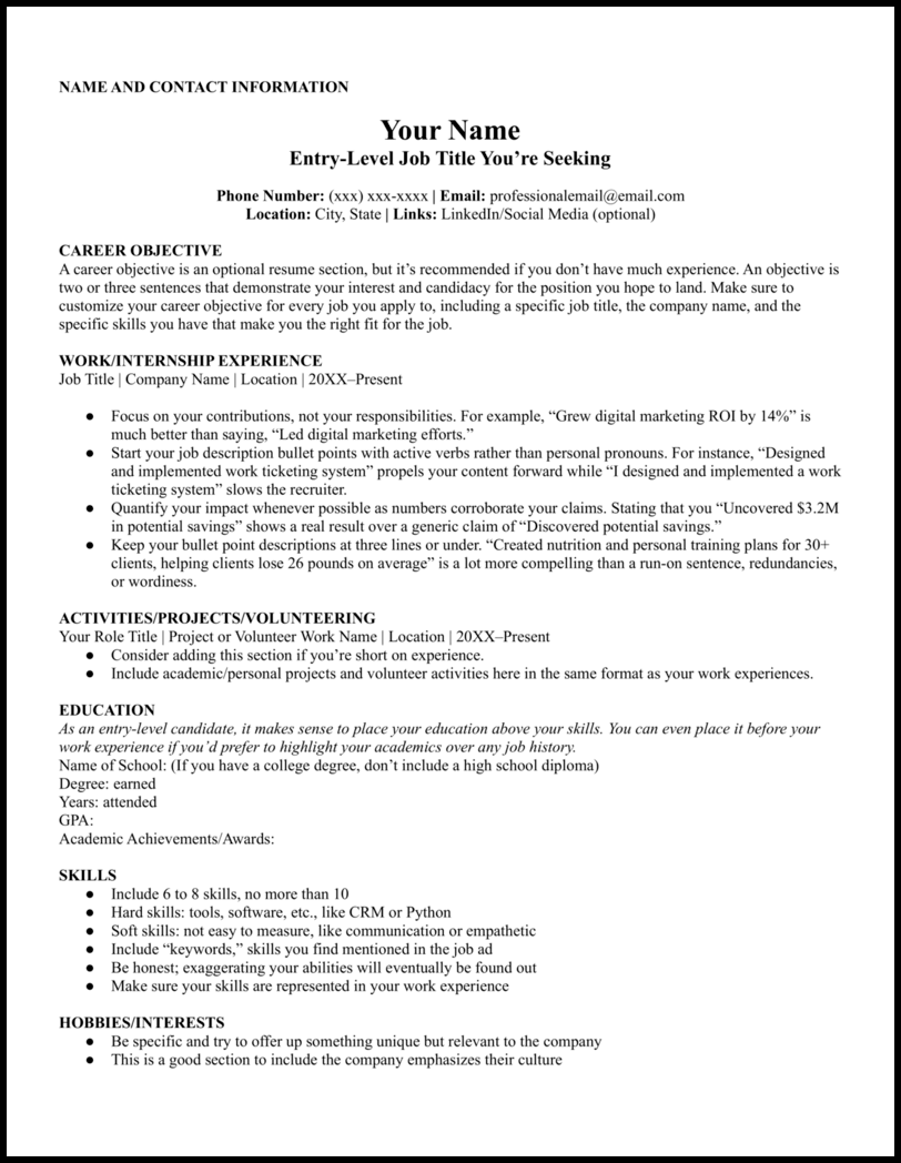 An entry-level resume outline