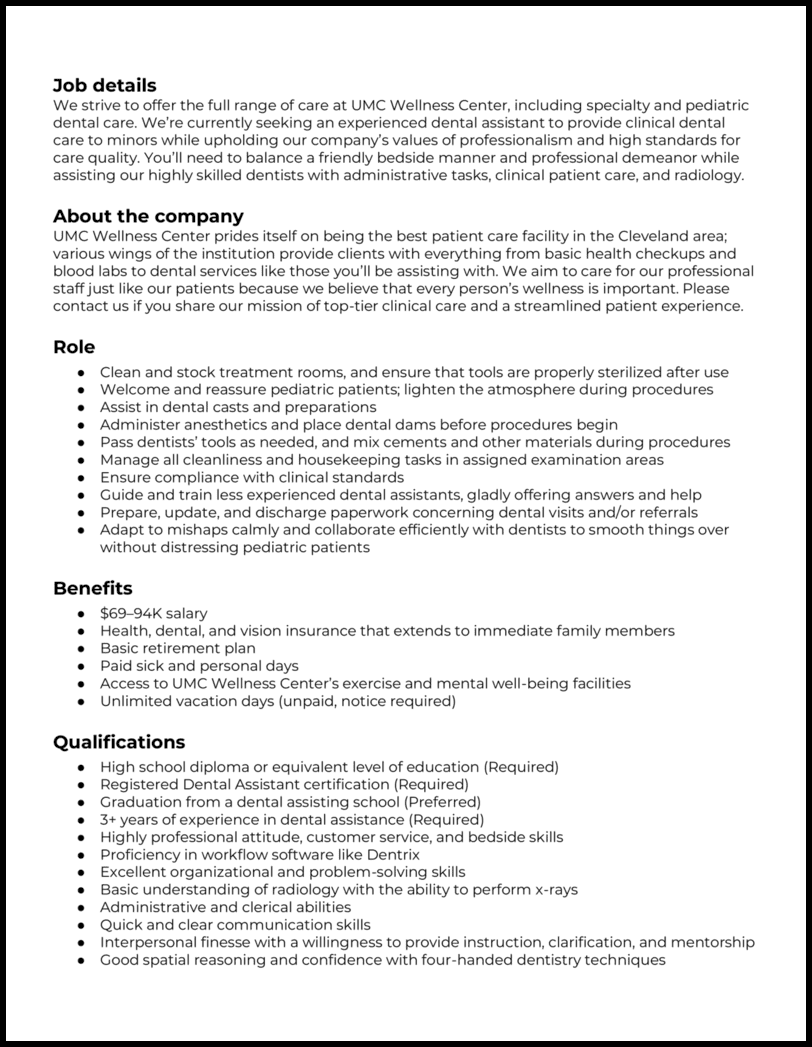 Experienced dental assistant job description template