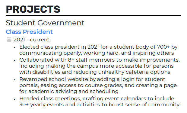 A high school student resume projects section example