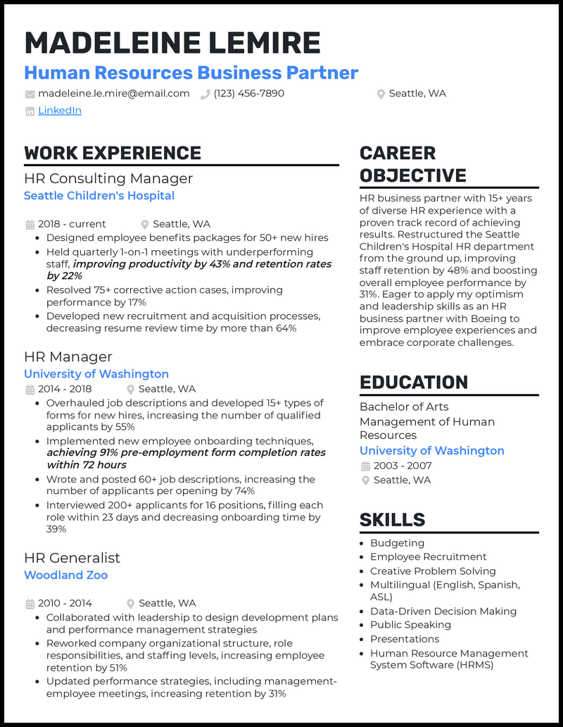 3 Human Resources Business Partner Resume Examples For 2023