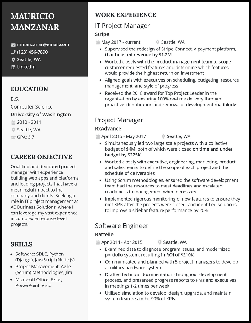 it project manager resume examples pdf