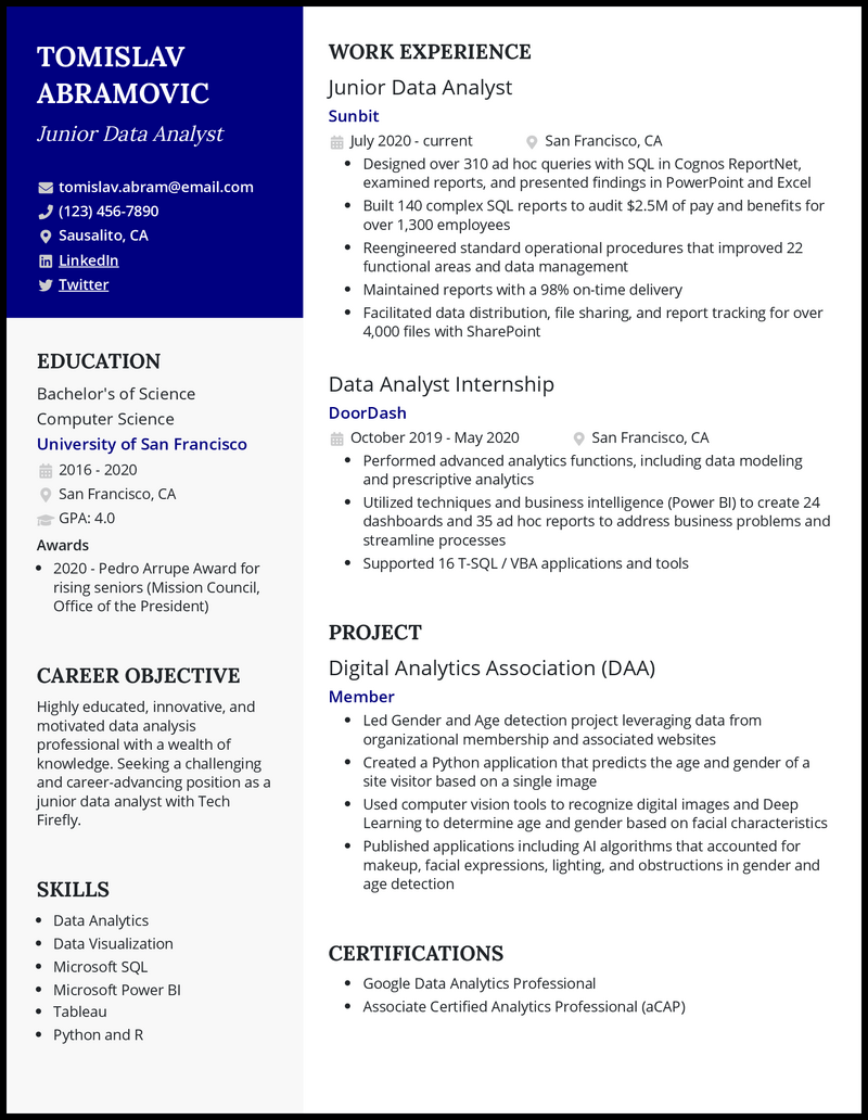 3 Junior Data Analyst Resume Examples For 2023