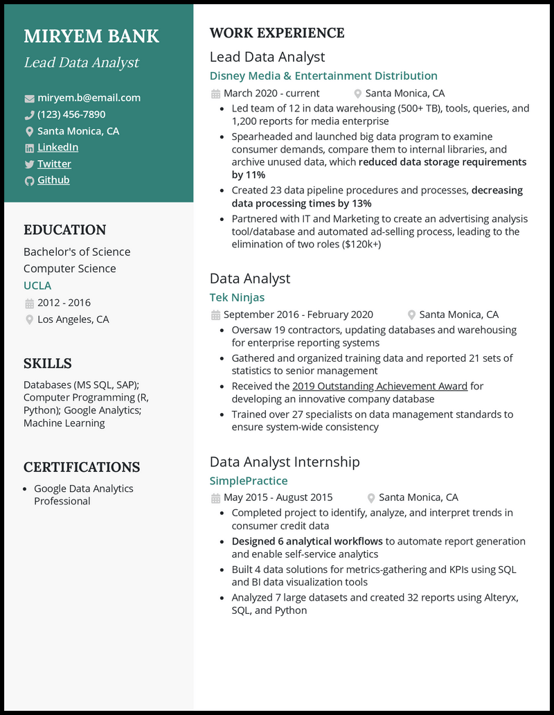 3 Lead Data Analyst Resume Examples For 2023