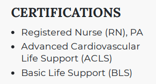 Nursing resume certifications section example