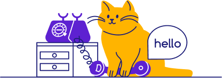 Yellow cat answers purple phone about a customer service job opening