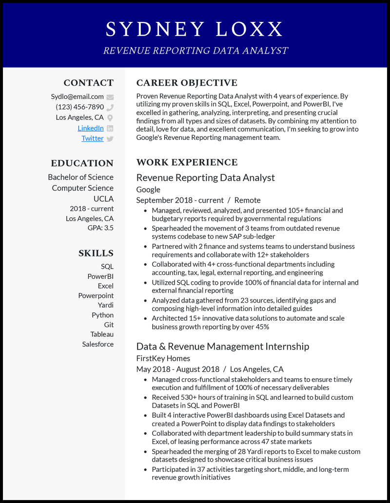 3 Revenue Reporting Data Analyst Resume Examples—2023