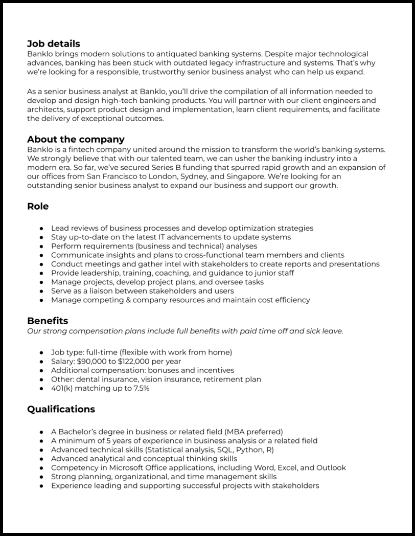 Senior business analyst job description template
