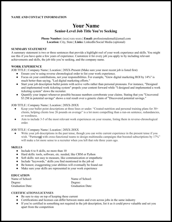 A senior-level resume outline