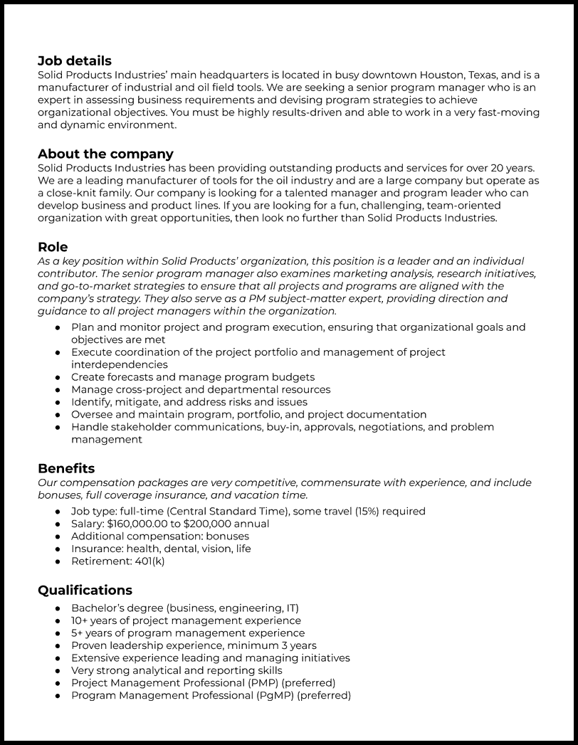 Senior program manager job description template