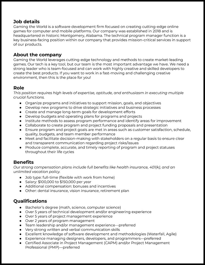Technical program manager job description template