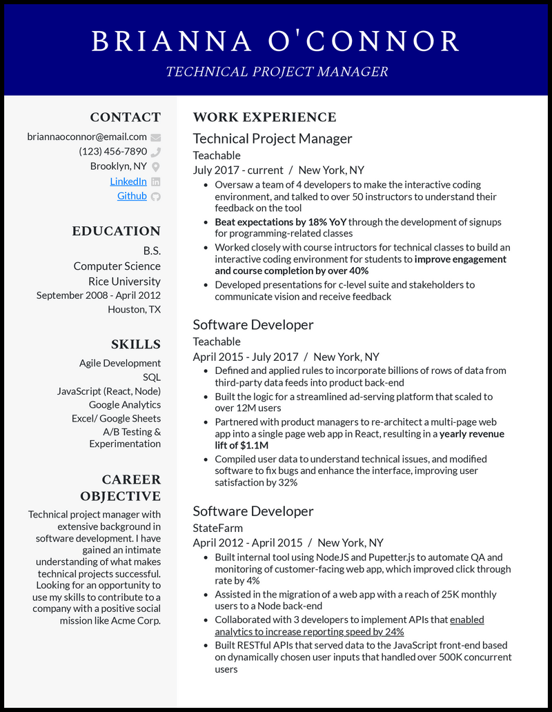 3 Technical Project Manager Resume Examples For 2023