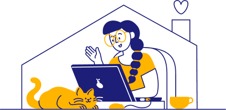 Job seeker in yellow shirt types accountant cover letter on blue laptop with a yellow cat sitting beside desk