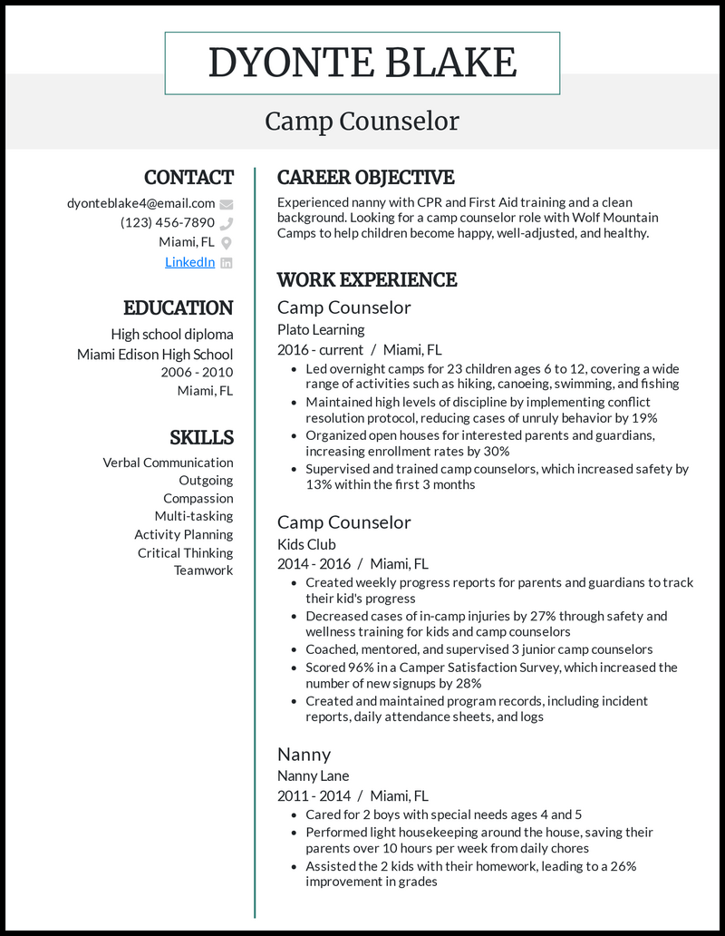 5 Camp Counselor Resume Examples for 2023