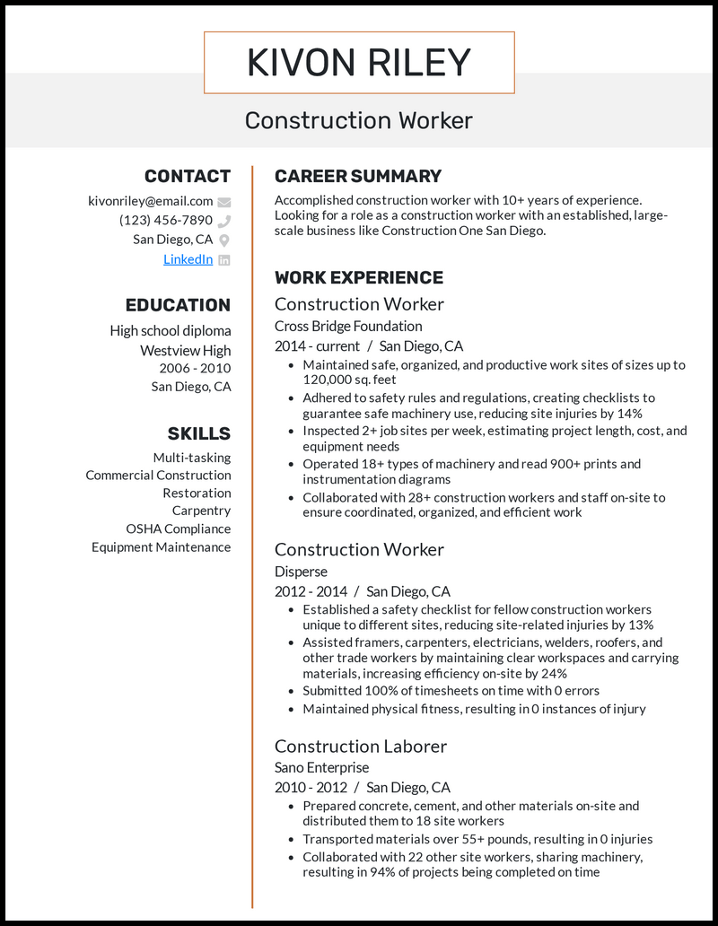 5 Construction Worker Resume Examples for 2023