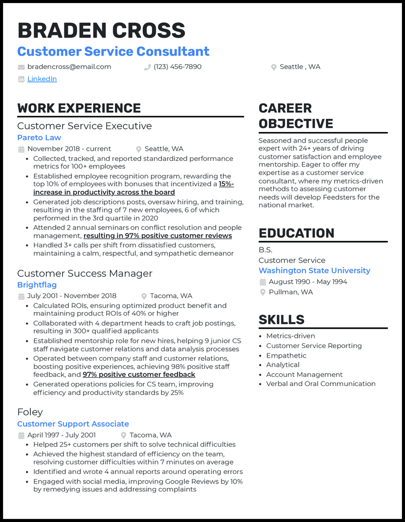 3 Customer Service Consultant Resume Examples For 2023