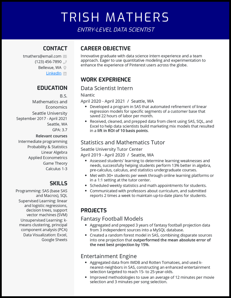 3 Entry Level Data Scientist Resume Examples For 2023