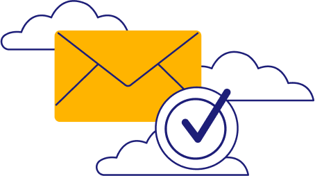 Yellow envelope with blue checkmark in the clouds depicts completion of operations manager cover letter