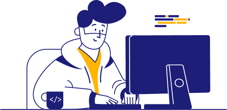 Recruiter types program manager job description on blue desktop with coffee mug on desk 