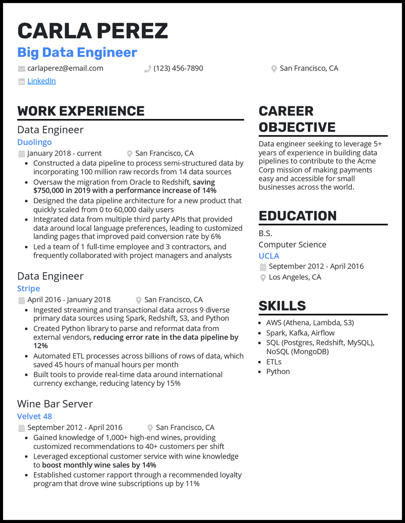 3 Big Data Engineer Resume Examples For 2023
