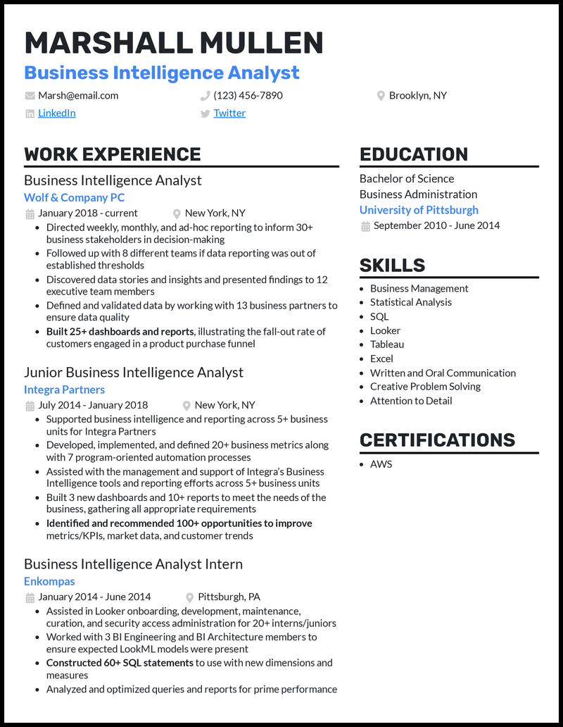 3 Business Intelligence Analyst Resume Examples in 2023