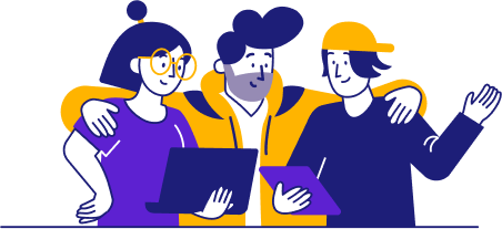 Three colleagues collaborating on a project - a girl wearing sunglasses holding a laptop, a guy in the middle with his arms around the other two, and a guy wearing a hat holding a tablet, suggesting that the group may be working together to improve their supervisor resumes by sharing ideas and collaborating.
