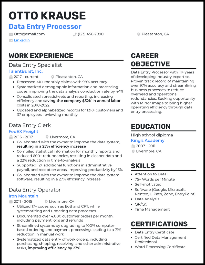 3 Data Entry Processor Resume Examples For 2023