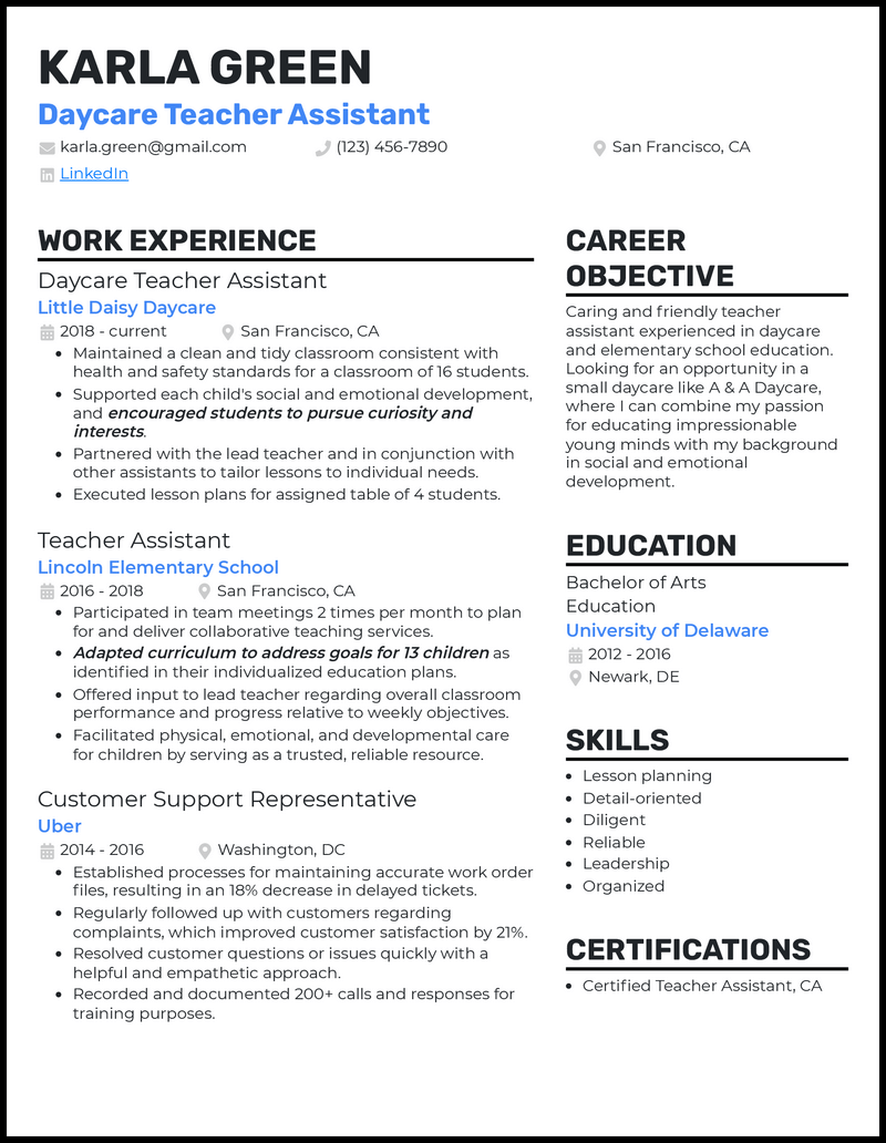 3 Daycare Teacher Assistant Resume Examples For 2023