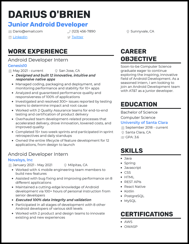 3 Entry-Level Android Developer Resume Examples in 2023