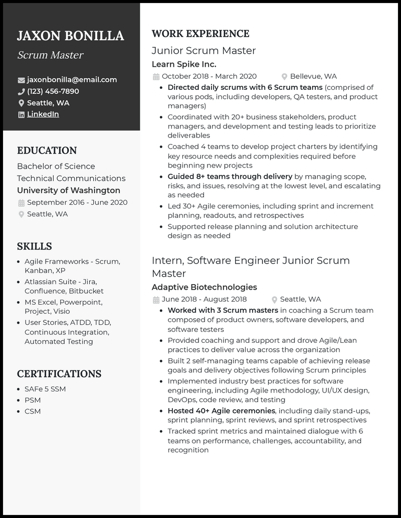 3 Entry-Level Scrum Master Resume Examples For 2023