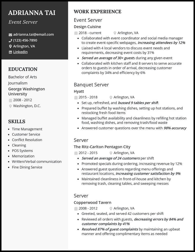 3 Event Server Resume Examples for 2023