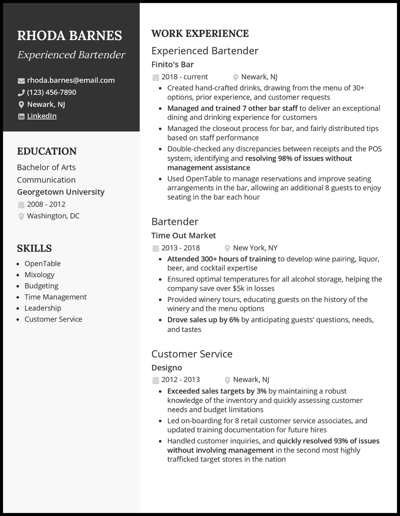 3 Experienced Bartender Resume Examples For 2023