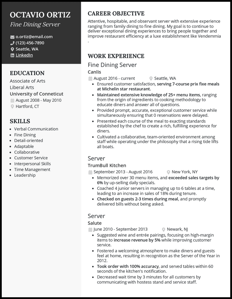3 Fine Dining Server Resume Examples For 2023