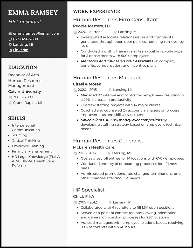 3 HR Consultant Resume Examples For 2023