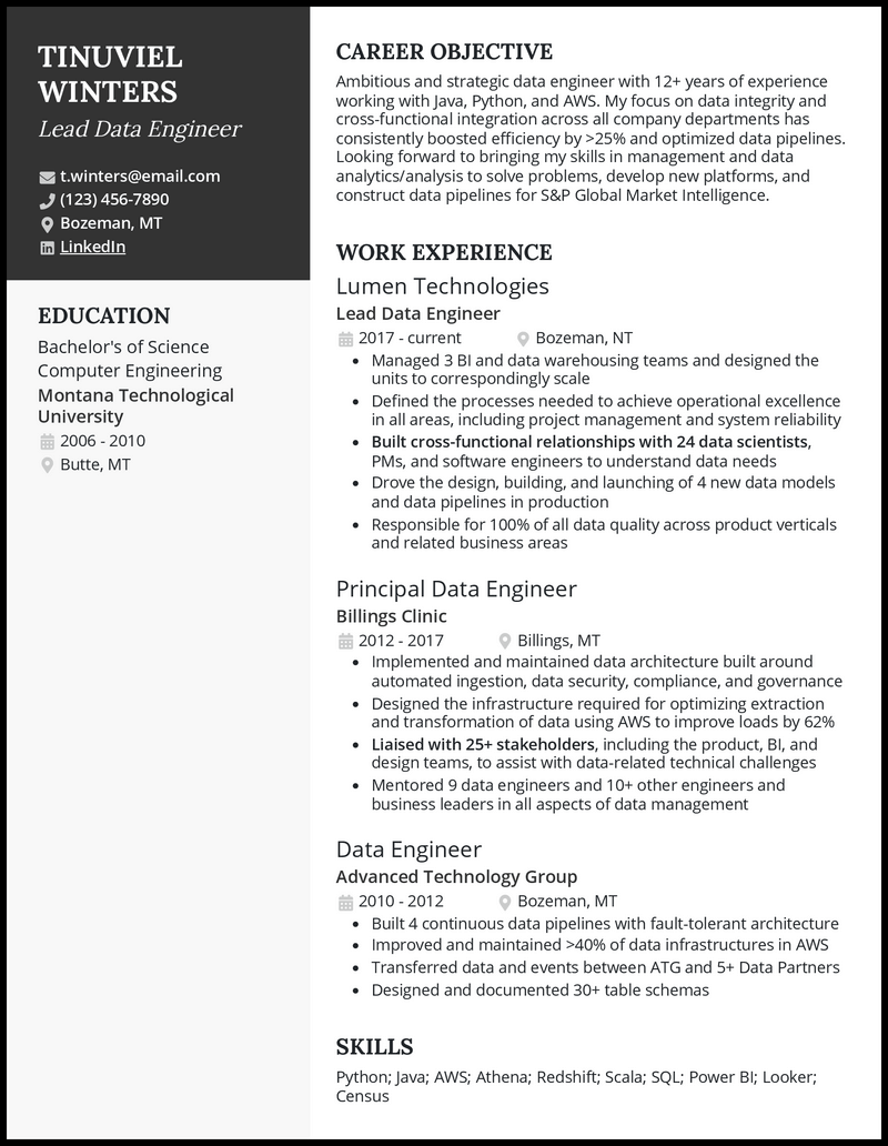 3 Lead Data Engineer Resume Examples for 2023