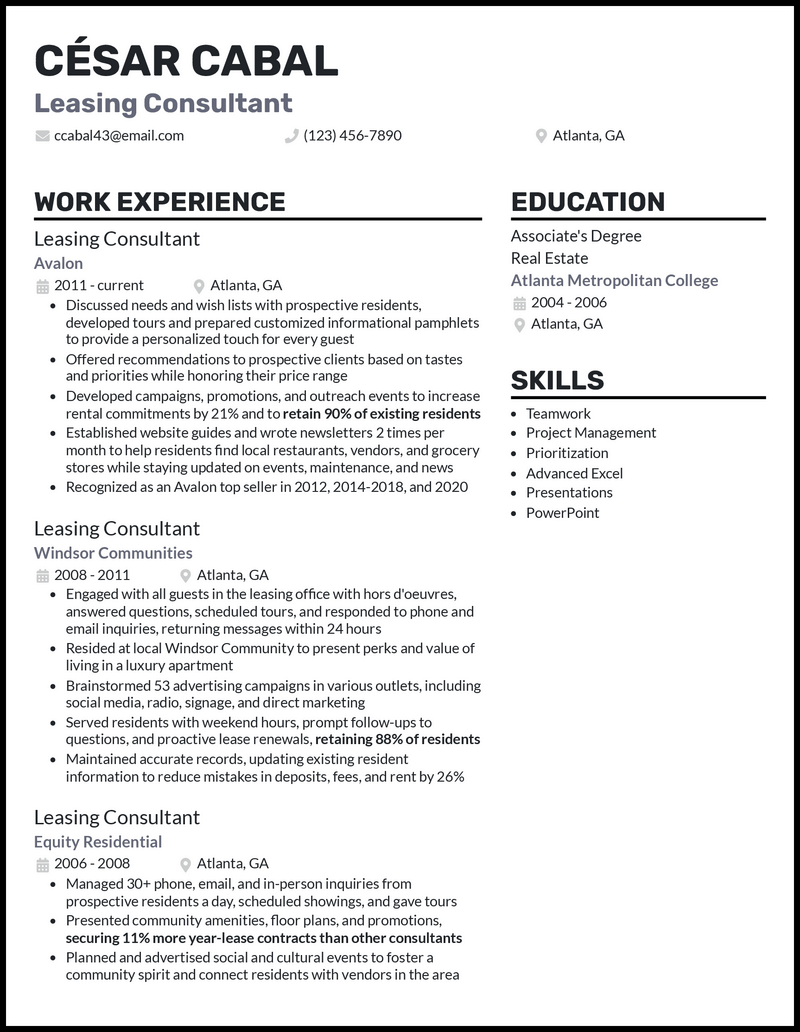 3 Leasing Consultant Resume Examples For 2023