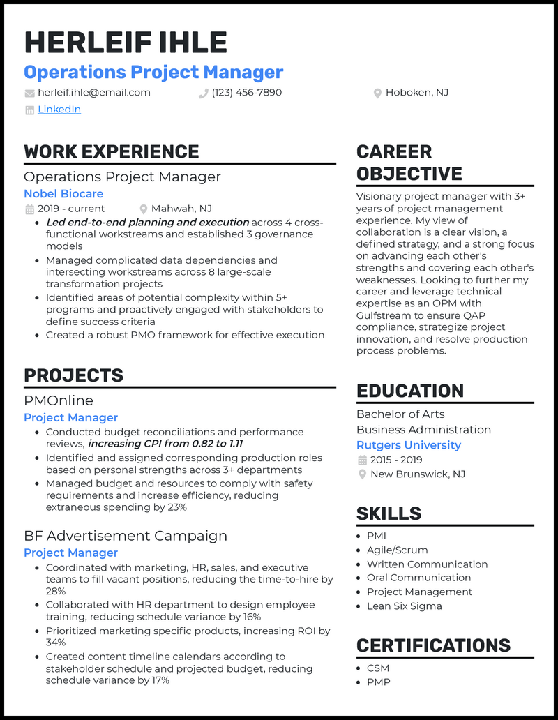 3 Operations Project Manager Resume Examples For 2023