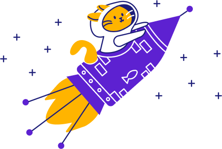 "A cat wearing a space helmet sits inside a rocket, ready for takeoff, symbolizing the idea of launching oneself towards a new retail job and celebrating the achievement.