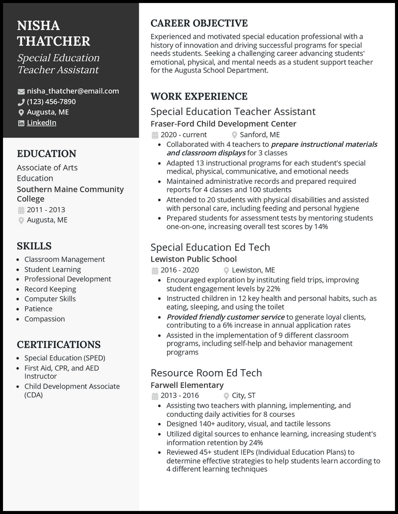 3 Special Education Teacher Assistant Resume Examples